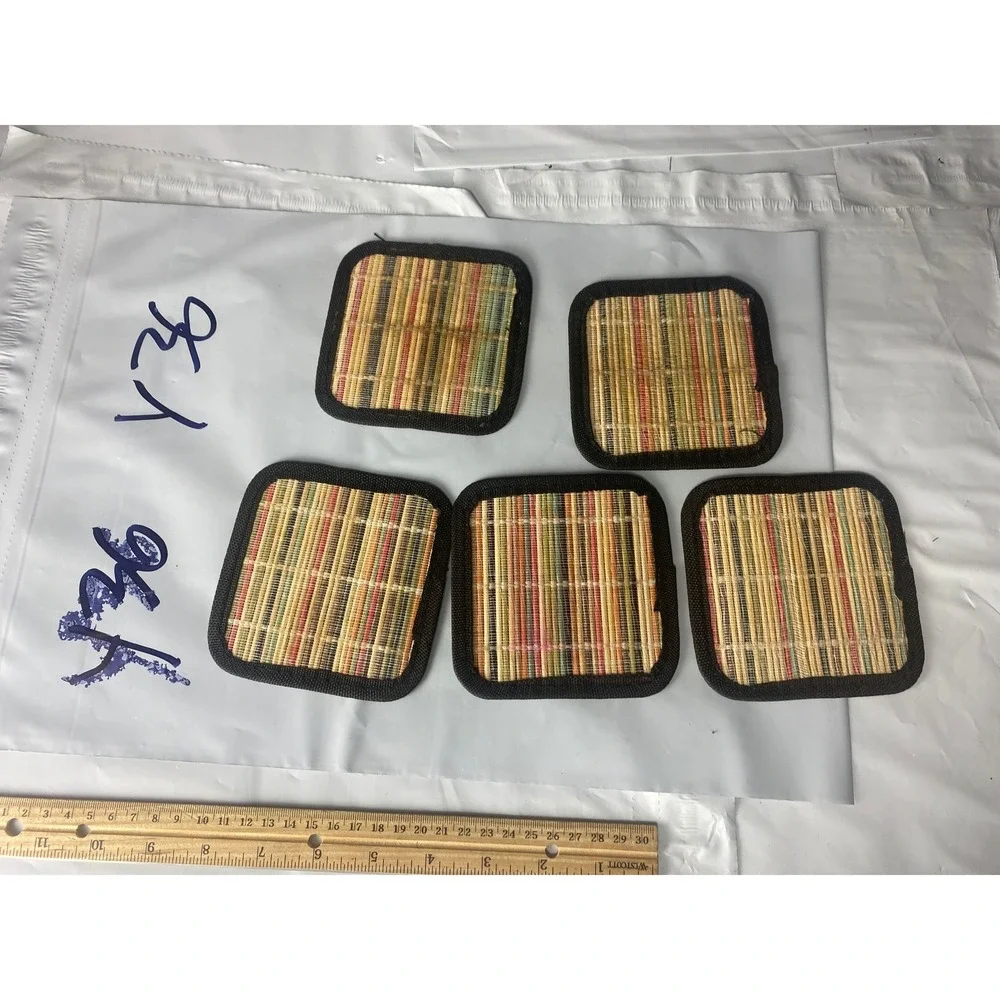 Set of 5 Square Bamboo‎ Coasters Black Trim Natural Woven Wood Drink Mats